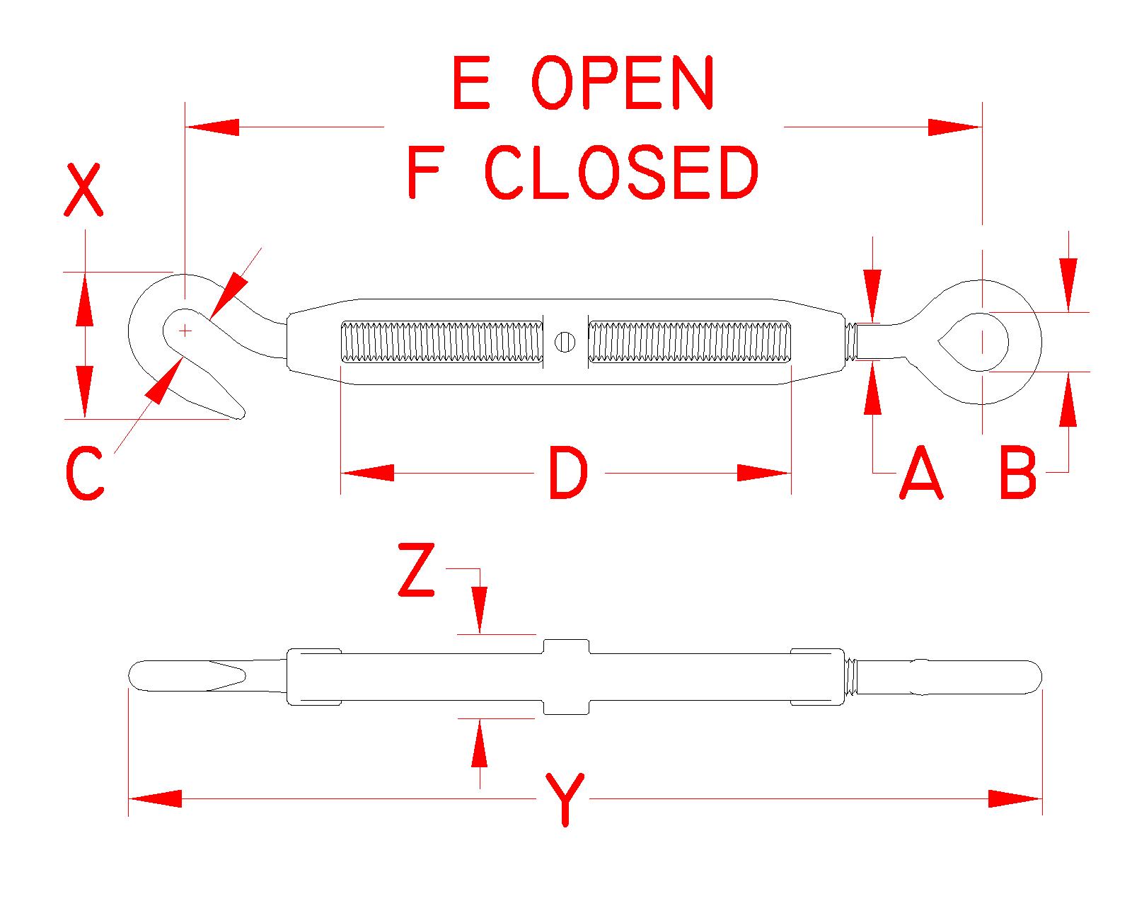 Stainless Steel Cast Hook and Eye Turnbuckle, S0154-HE05, S0154-HE07, S0154-HE08, S0154-HE10, S0154-HE13, S0154-HE16, S0154-HE20, Line Drawing Stainless Steel Cast Hook and Eye Turnbuckle, S0154-HE05, S0154-HE07, S0154-HE08, S0154-HE10, S0154-HE13, S0154-HE16, S0154-HE20, Line Drawing